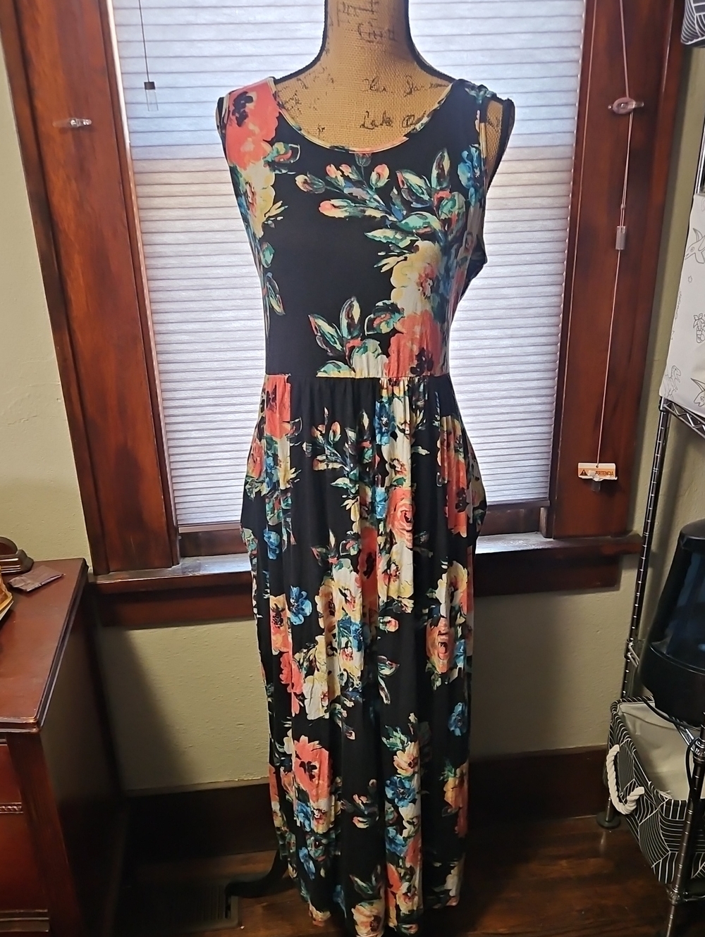 Floral Sleeveless Maxi Dress in Black with Coral & Teal Accents
